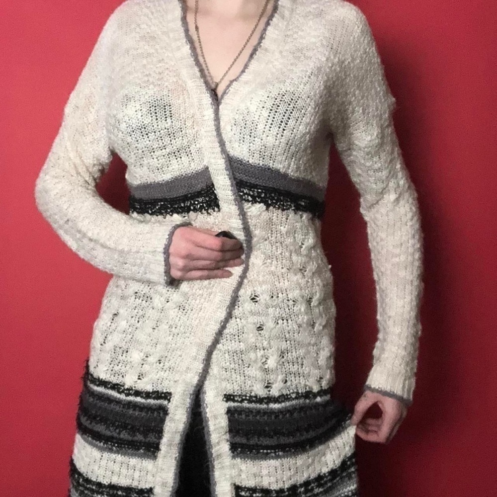 cream fuzzy knit trench cardigan with stripes 🤍🖤